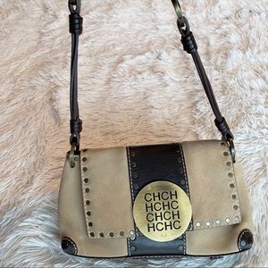 Carolina Herrera Logo suede beige and brown leather purse handbag bag
